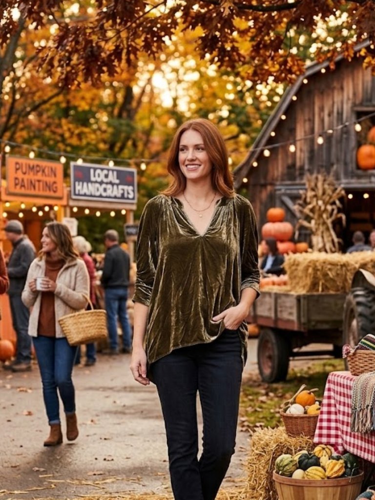 Starkx Cameron Velvet V-Neck Blouse In Olive Green